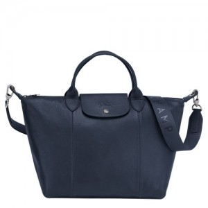 Longchamp Le Pliage Cuir Top handle bag M Navy | QYRKFTV-17