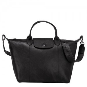 Longchamp Le Pliage Cuir Top handle bag M Black | JXRGTZL-30