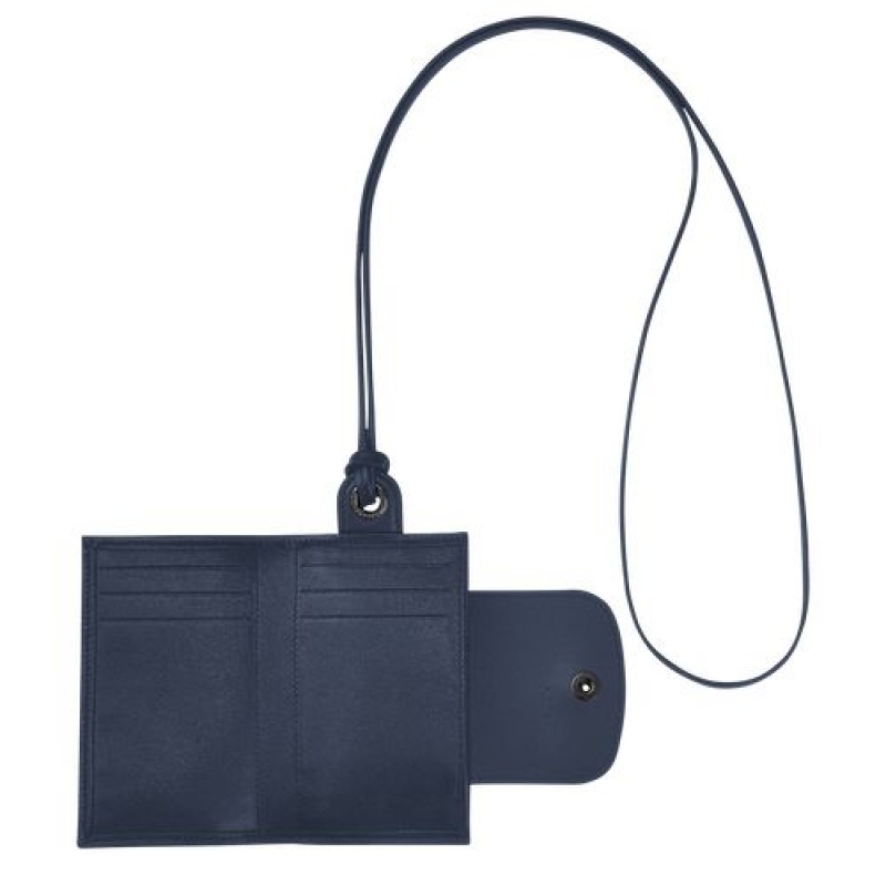 Longchamp Le Pliage Cuir Card holder with necklace Navy | RPSKBNZ-82