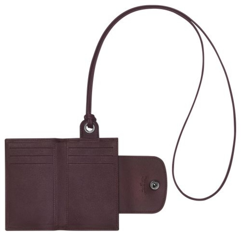 Longchamp Le Pliage Cuir Card holder with necklace Burgundy | IJXWNLT-08