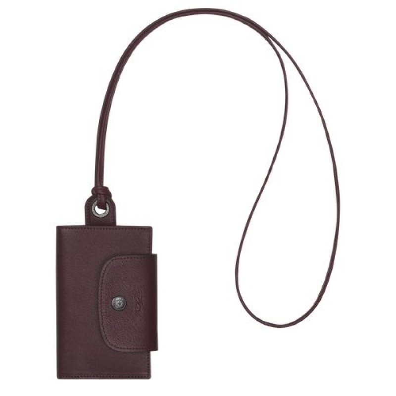 Longchamp Le Pliage Cuir Card holder with necklace Burgundy | IJXWNLT-08