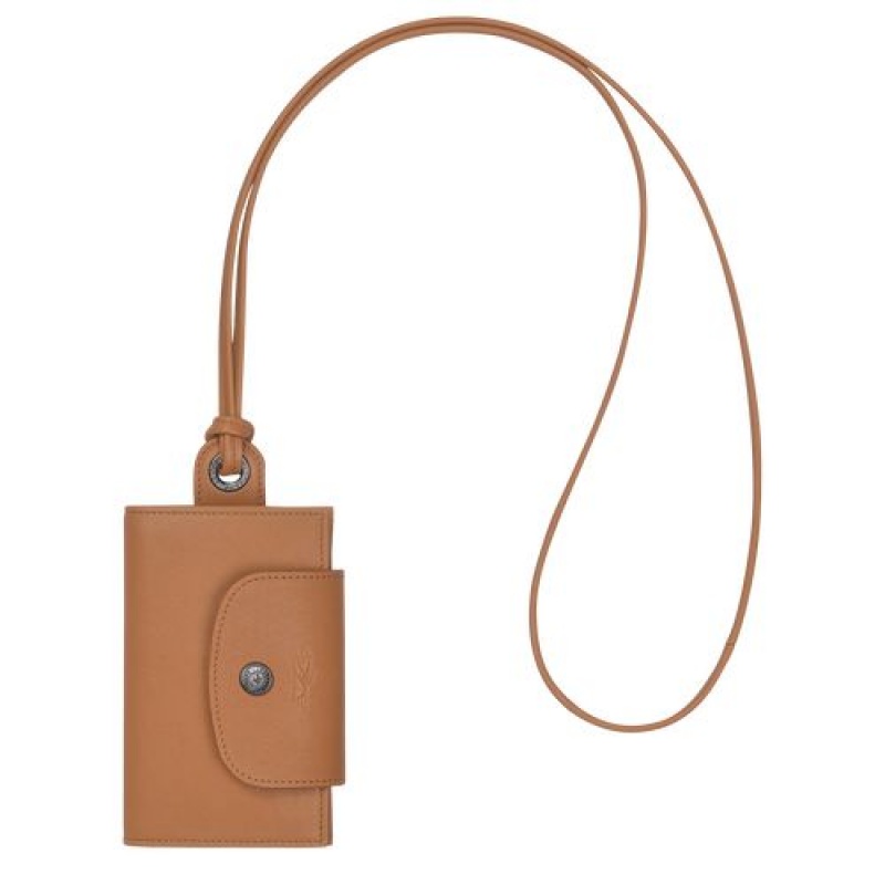 Longchamp Le Pliage Cuir Card holder with necklace Hazelnut | KJQVNLD-78