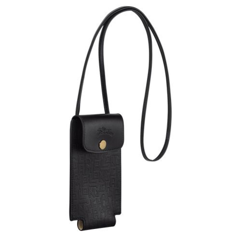 Longchamp Le Pliage Cuir LGP Phone case with leather lace Black | VRYIFXC-84