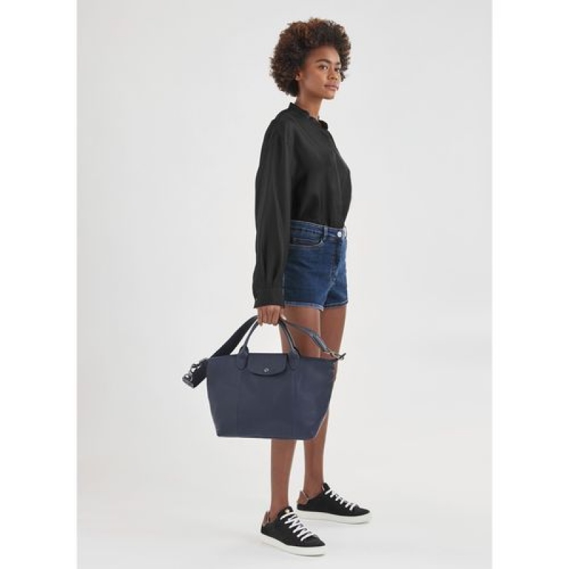 Longchamp Le Pliage Cuir Top handle bag M Navy | QYRKFTV-17