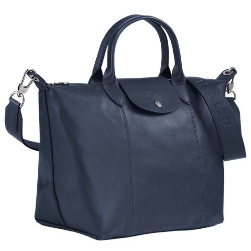 Longchamp Le Pliage Cuir Top handle bag M Navy | QYRKFTV-17