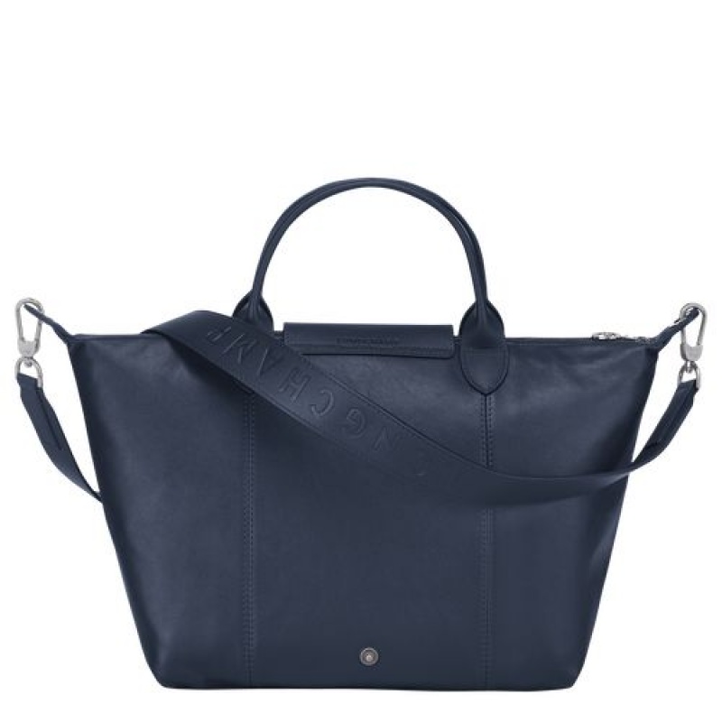 Longchamp Le Pliage Cuir Top handle bag M Navy | QYRKFTV-17