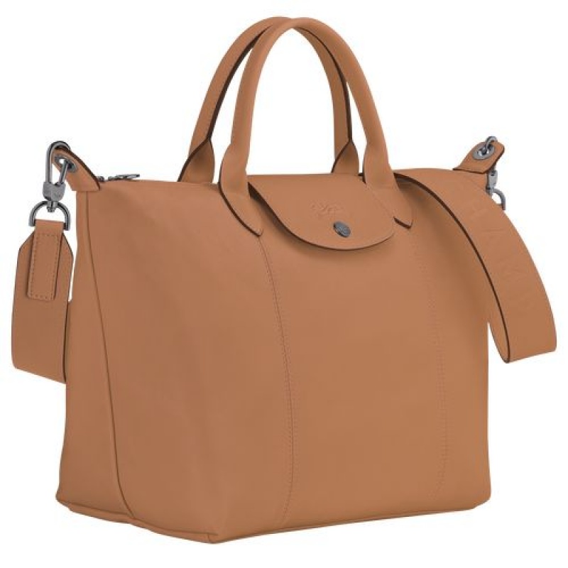 Longchamp Le Pliage Cuir Top handle bag M Hazelnut | UARINMG-59