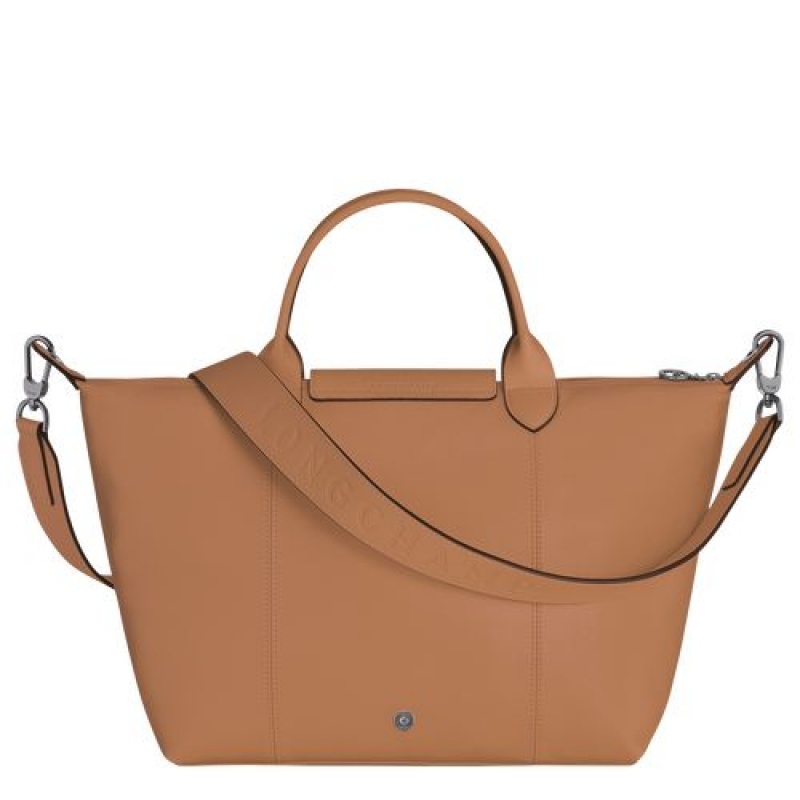 Longchamp Le Pliage Cuir Top handle bag M Hazelnut | UARINMG-59