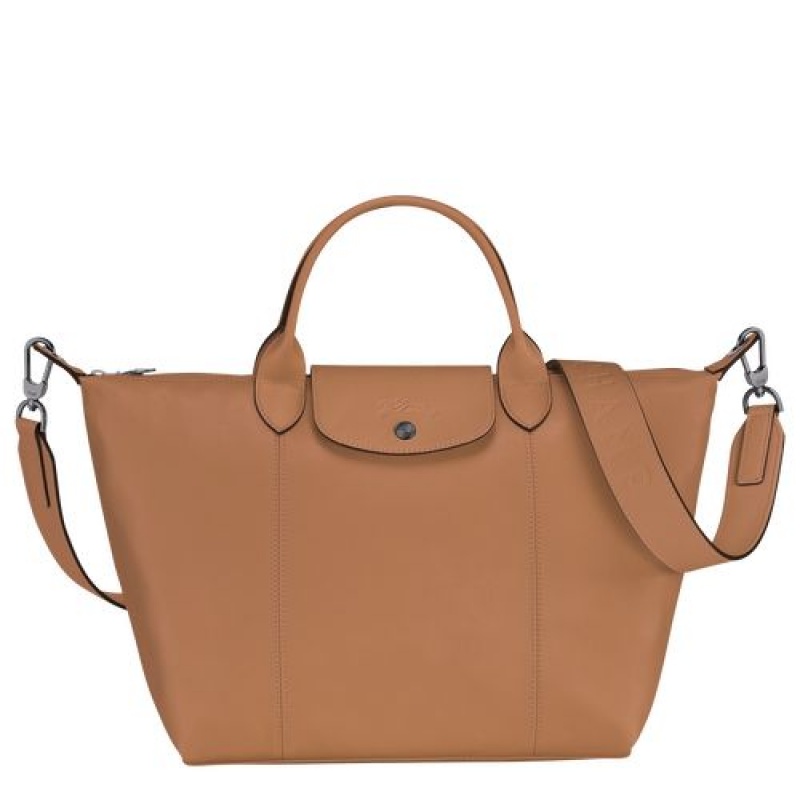 Longchamp Le Pliage Cuir Top handle bag M Hazelnut | UARINMG-59