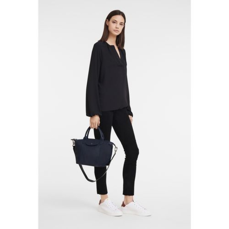 Longchamp Le Pliage Cuir Top handle bag S Navy | YIUODKF-74