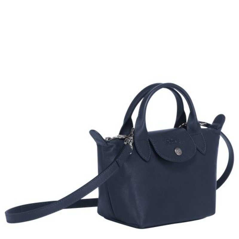 Longchamp Le Pliage Cuir Top handle bag XS Navy | YOPLFDB-15