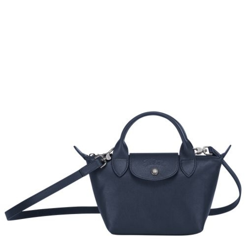 Longchamp Le Pliage Cuir Top handle bag XS Navy | YOPLFDB-15