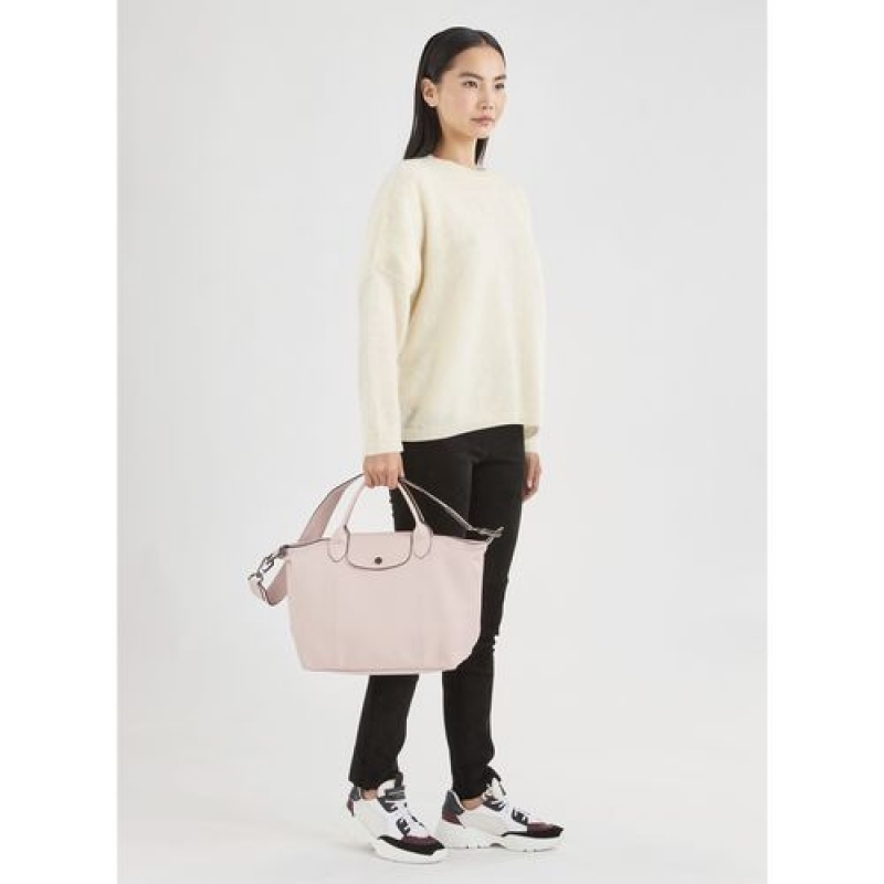 Longchamp Le Pliage Cuir Top handle bag M Pale Pink | FJUGMOR-07