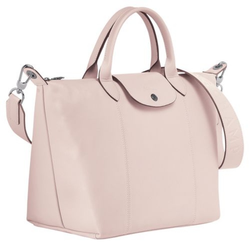 Longchamp Le Pliage Cuir Top handle bag M Pale Pink | FJUGMOR-07