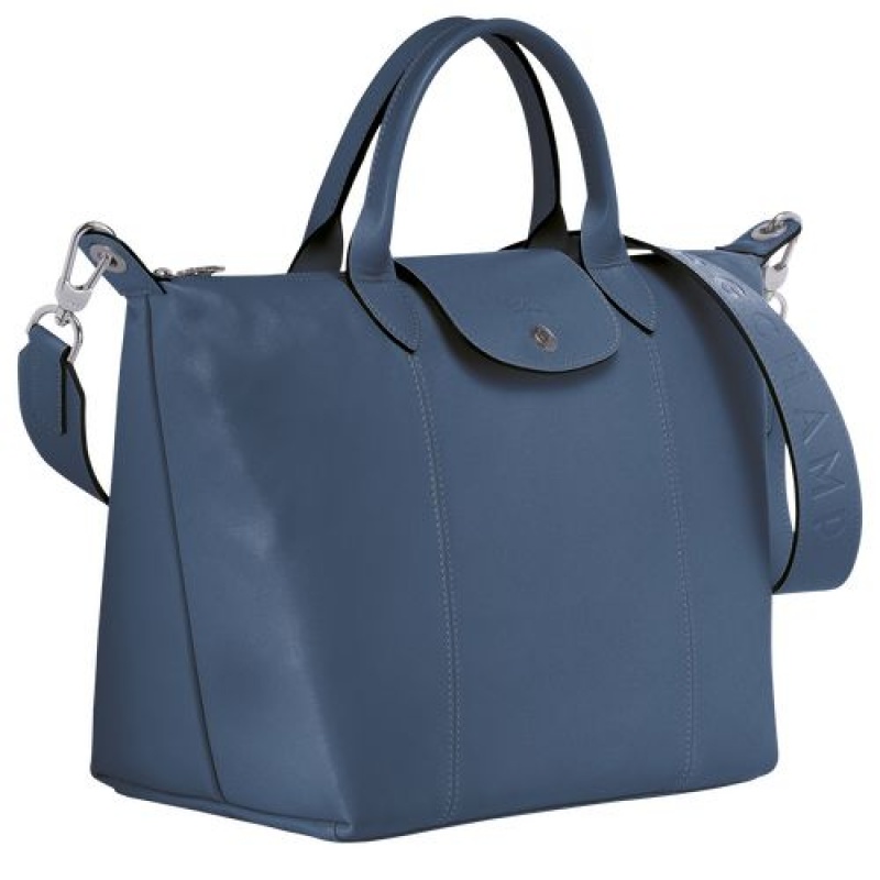 Longchamp Le Pliage Cuir Top handle bag M Pilot Blue | FONREJQ-87