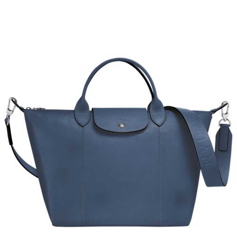 Longchamp Le Pliage Cuir Top handle bag M Pilot Blue | FONREJQ-87