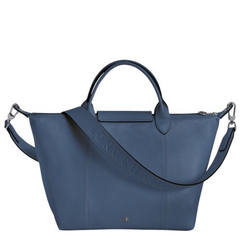 Longchamp Le Pliage Cuir Top handle bag M Pilot Blue | AOXGUVC-64