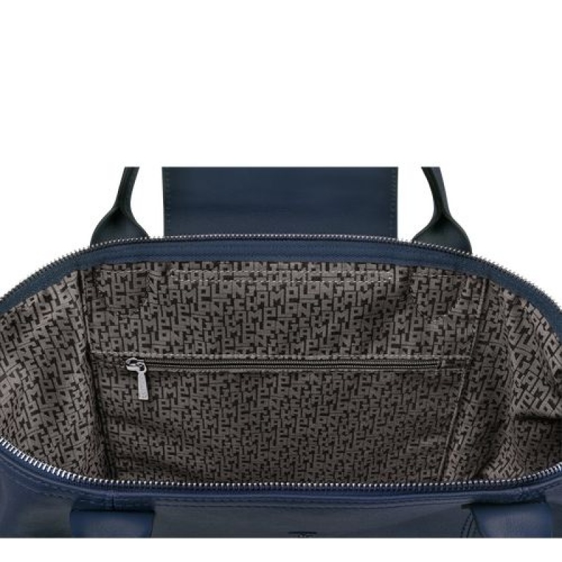 Longchamp Le Pliage Cuir Top handle bag M Navy | LGDCNMP-71