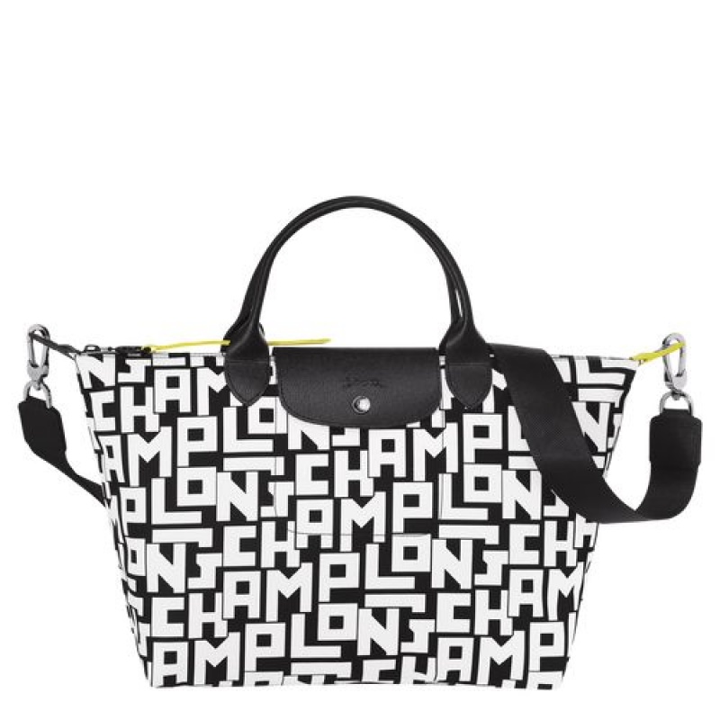 Longchamp Le Pliage LGP Top handle bag M Black/White | QPUVYXG-41