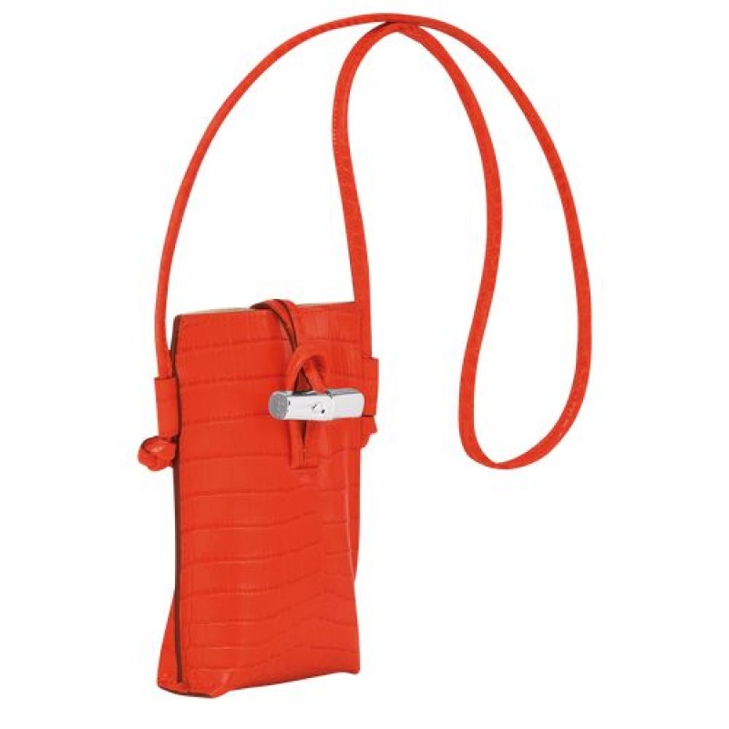 Longchamp Roseau Croco Phone case with lace Orange | ECLPWRN-60