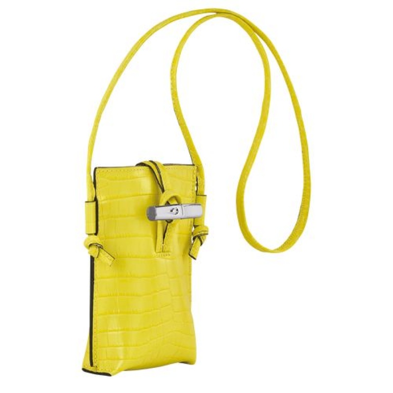 Longchamp Roseau Croco Phone case with lace Lemon | KPOEHSG-18